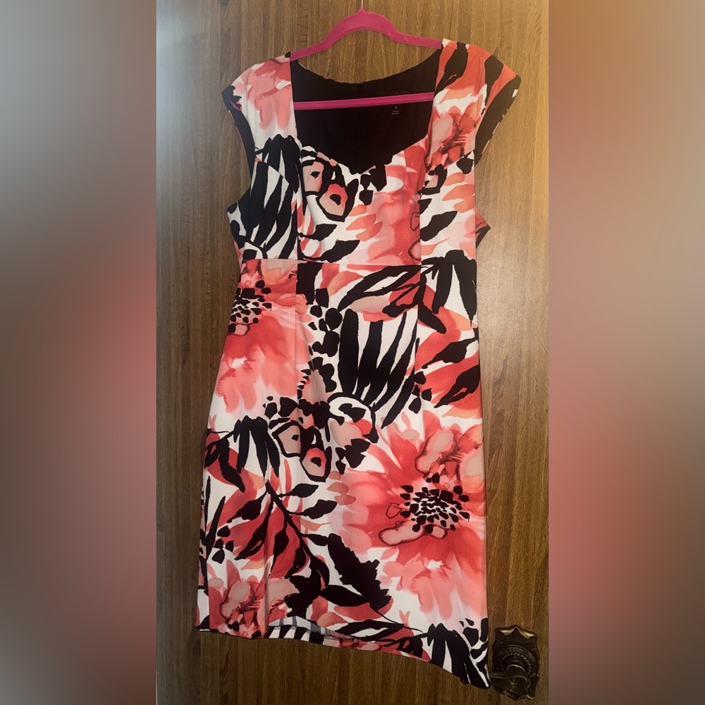 connected apparel Pink Black Floral Asymmetrical Sheath Dress